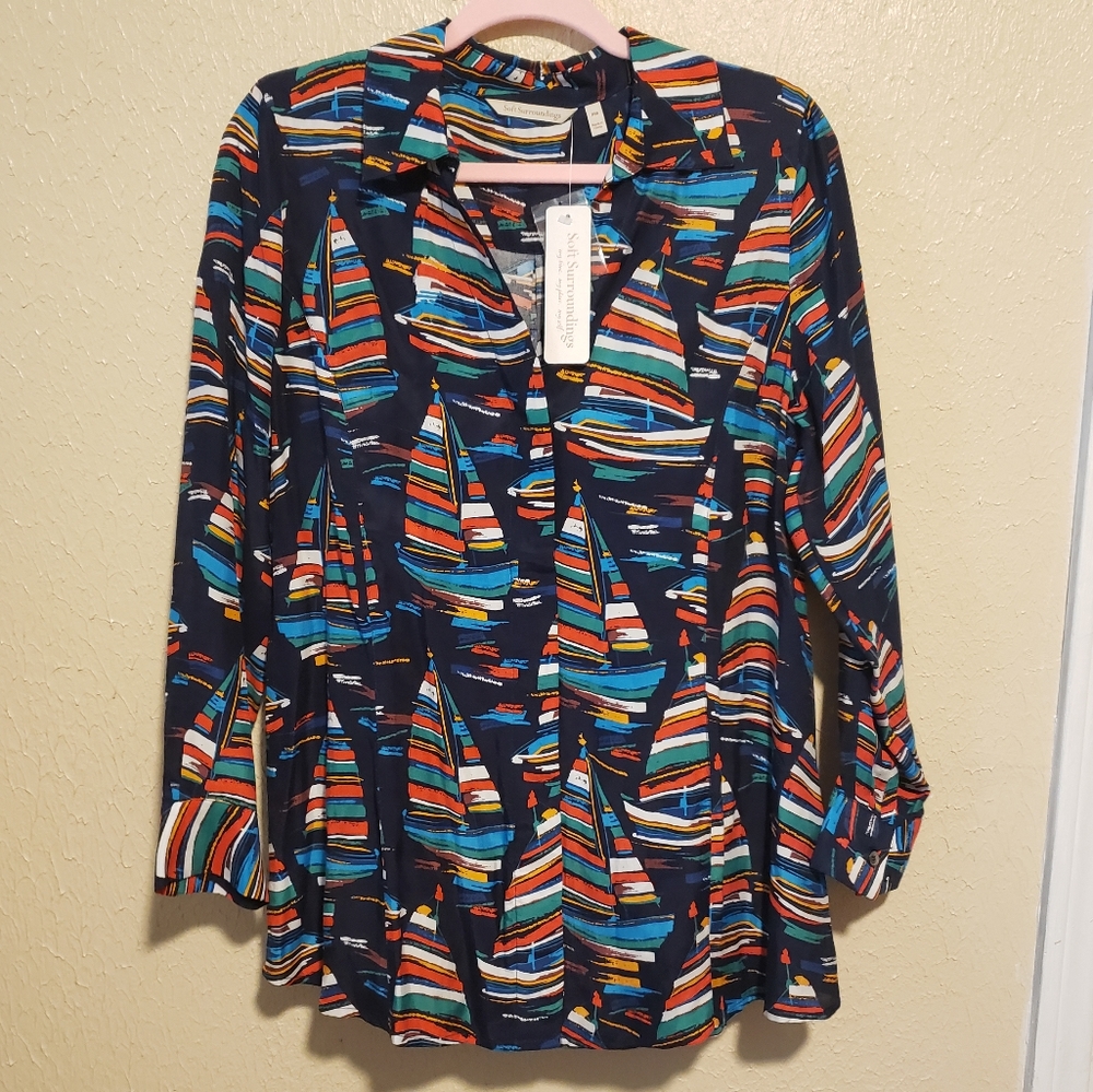 Soft Surroundings Womens Sail‎ Away Top Sailboat Print Size Medium Petite